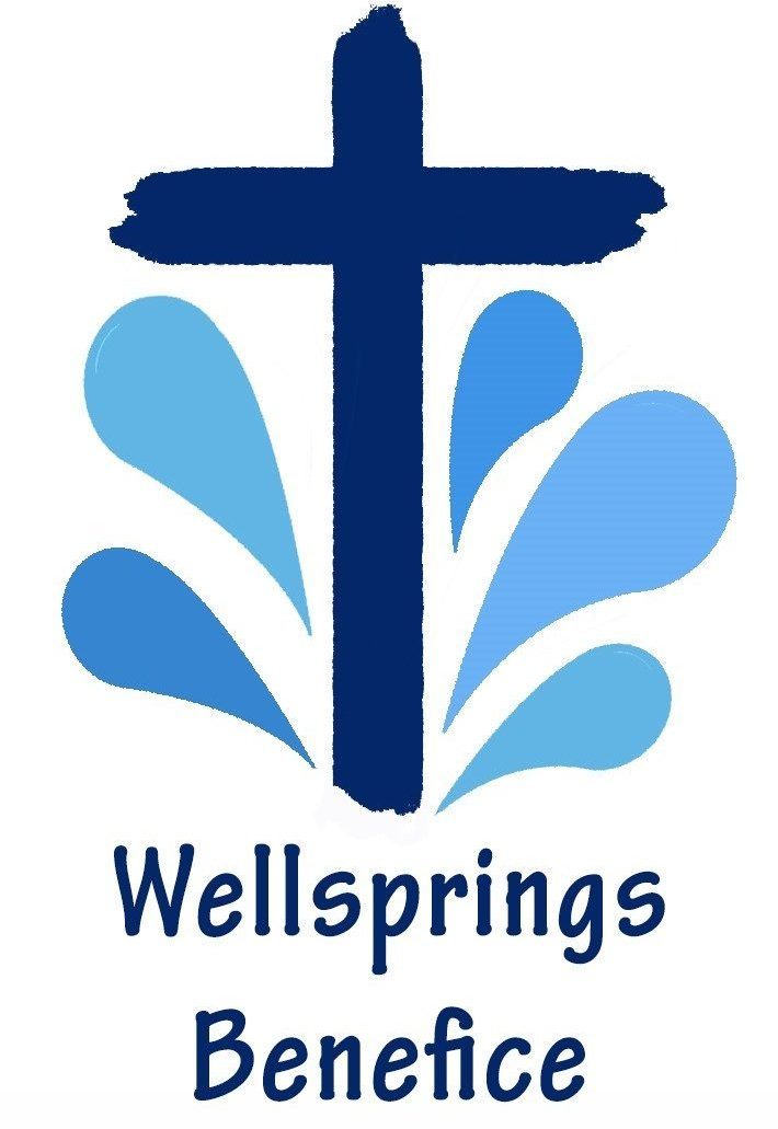 Logo with blue cross and words Wellsprings Benefice